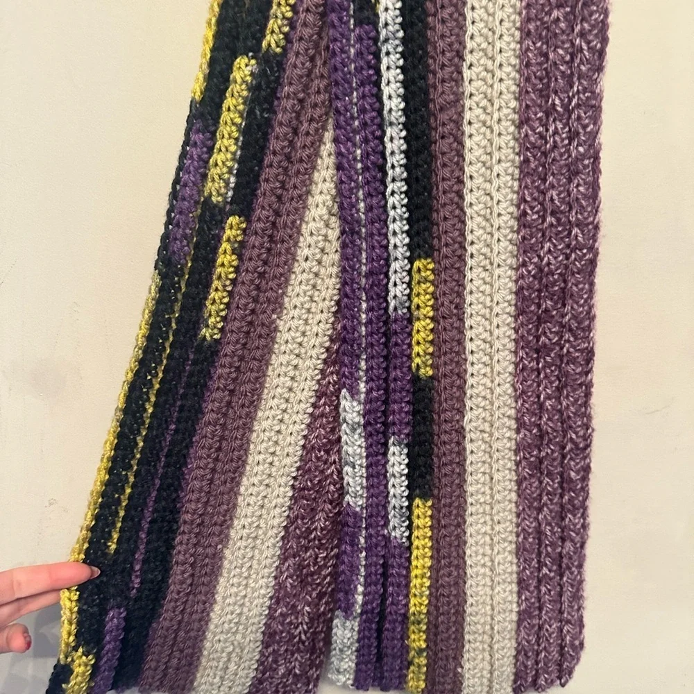 Hand Knit Purple and Cream with Yellow Accent Striped Scarf